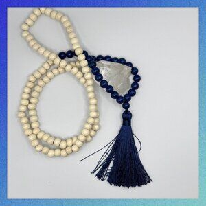 Handmade Boho Tassel Necklace Wooden & Blue Lapis Stone Beads – 34” Long #1501